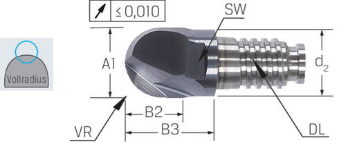 Full-radius cutter HAIMER, Duo Lock, Basic, 0,75 × A1