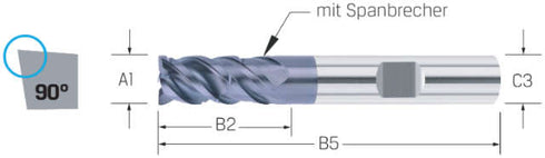 Schaftfräser PREMUS, VHM, UNI, 2 × A1, mit Schutzfase, AlTiN