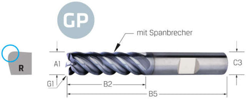 Schaftfräser PREMUS GP, GP, 3 × A1, extra lang<br/>ALCRONA