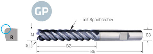 Schaftfräser PREMUS GP, GP, 5 × A1, extra lang<br/>ALCRONA