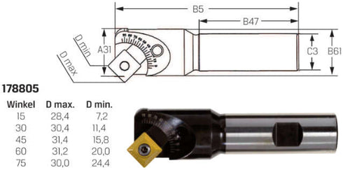 Wendeplatten-Frässenker NEUTRAL, stufenlos einstellbar von 0° bis 90° für SPMT 12