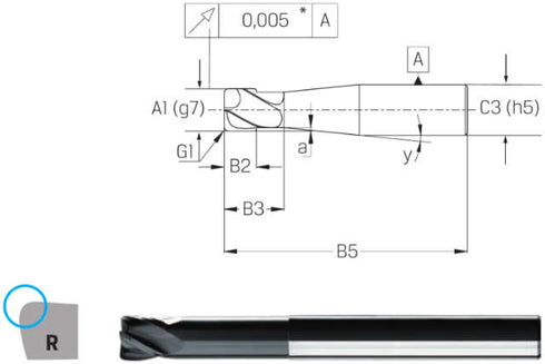Torusfräser PREMUS, VHM lang extra lang mit Eckenradius bis 62HRC TiAlN