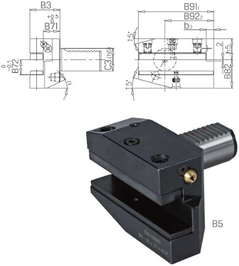 Tool holder for CNC lathe PRETEC, DIN 69880 square cross-section mount, radial right long form B5