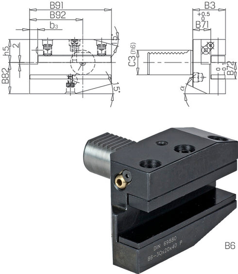 Werkzeughalter für CNC-Drehmaschine PRETEC, DIN 69880 Vierkant-Queraufnahme, Radial links lang Form B6