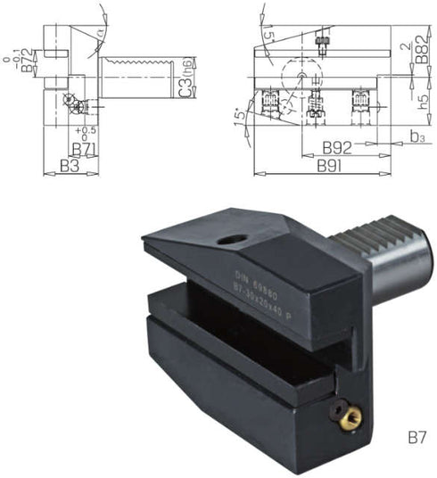 Tool Holder PRETEC, DIN 69880 Square Transverse Mount, Radial Overhead Right Long Form B7