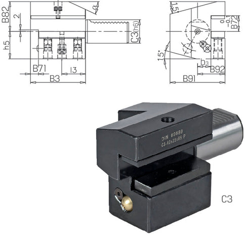 Werkzeughalter PRETEC, DIN 69880 Vierkant-Längsaufnahme, Axial Überkopf rechts Form C3