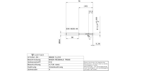 Maschinen-Reibahlen / Ø 5,010 mm / +0,005 / Werksnorm / VHM / AlTiN nano