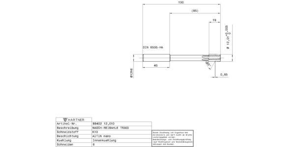 Maschinen-Reibahlen / Ø 12,010 mm / +0,005 / Werksnorm / VHM / AlTiN nano