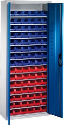 Lager-Regalschrank C+P, B700xT300xH1690 mm RAL 7035/5012 mit Türen 14 Fachböden, 90 Kästen