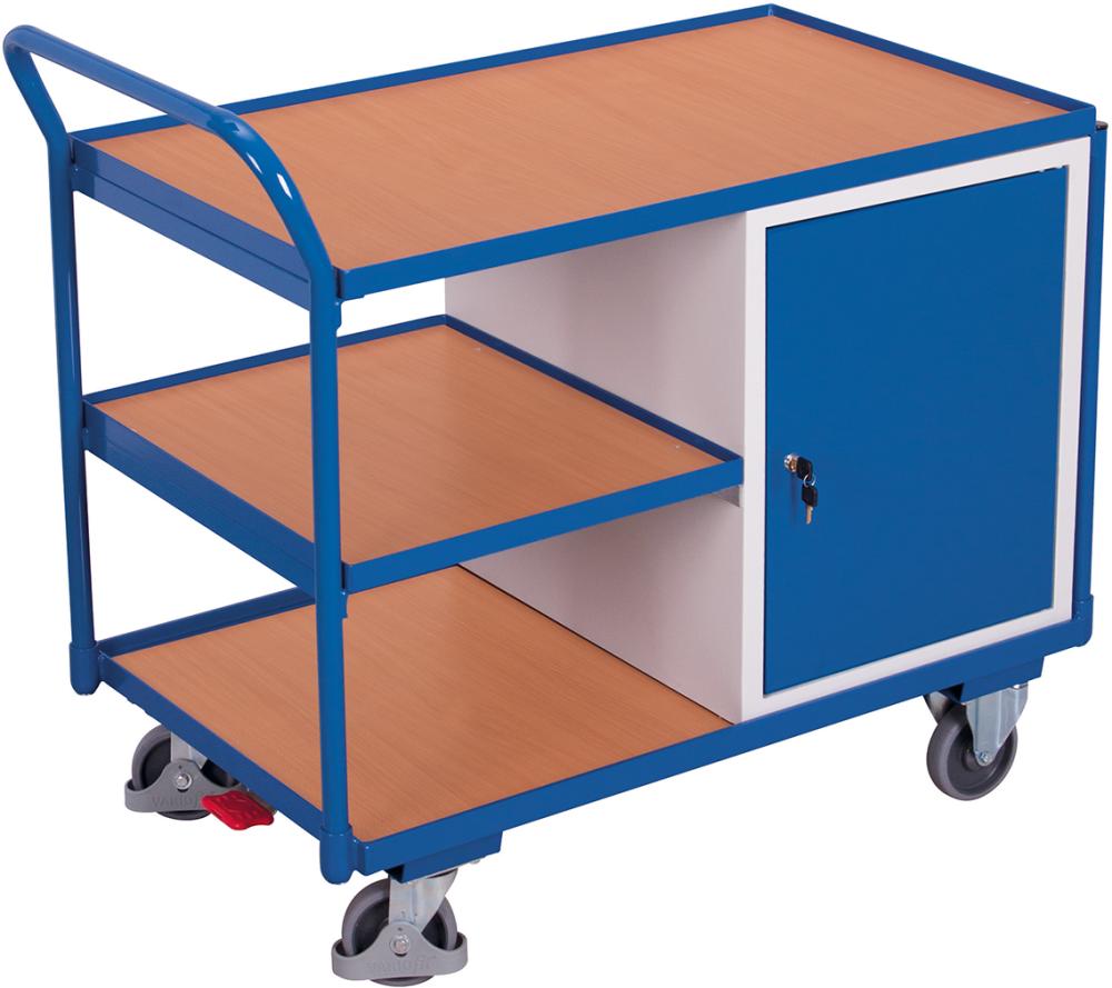 Tischwagen VARIOFIT, 250kg B1125xT625xH1010mm RAL 7035/5010 1 Schrank,3 Ladeflächen