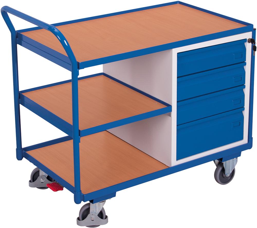 Tischwagen VARIOFIT, 250kg B1125xT625xH1010mm RAL 7035/5010 4 Schubladen,3Ladeflächen
