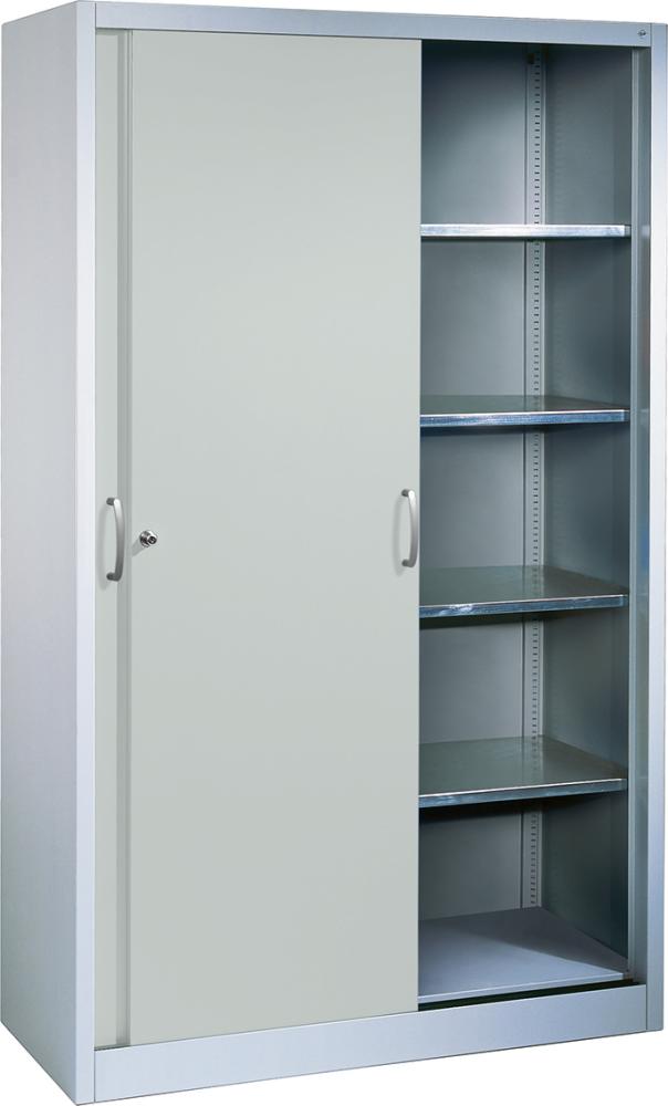 Schiebetürenschrank CP, B1600xT500xH1950 mm RAL 7035, 8 Fachböden mit Mitteltrennwand CP