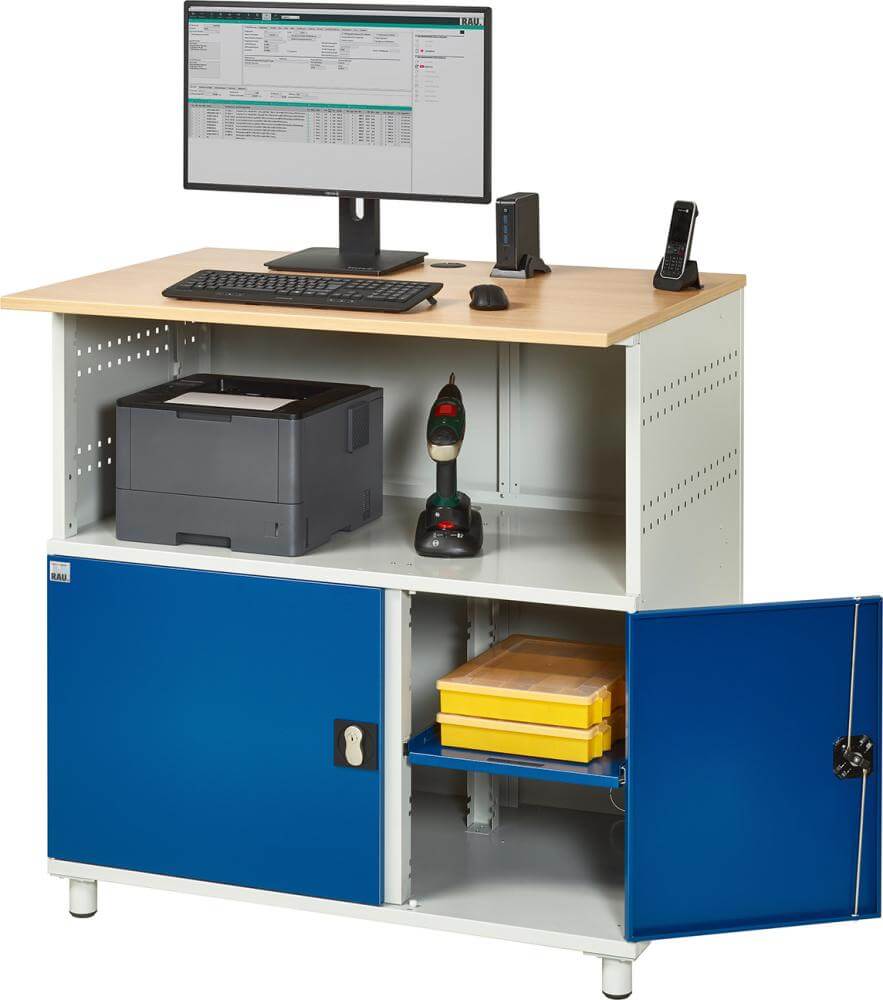 Computer-Tisch RAU, B1100xT800xH1100 mm RAL 7035/5010 stationär ohne Monitorgehäuse