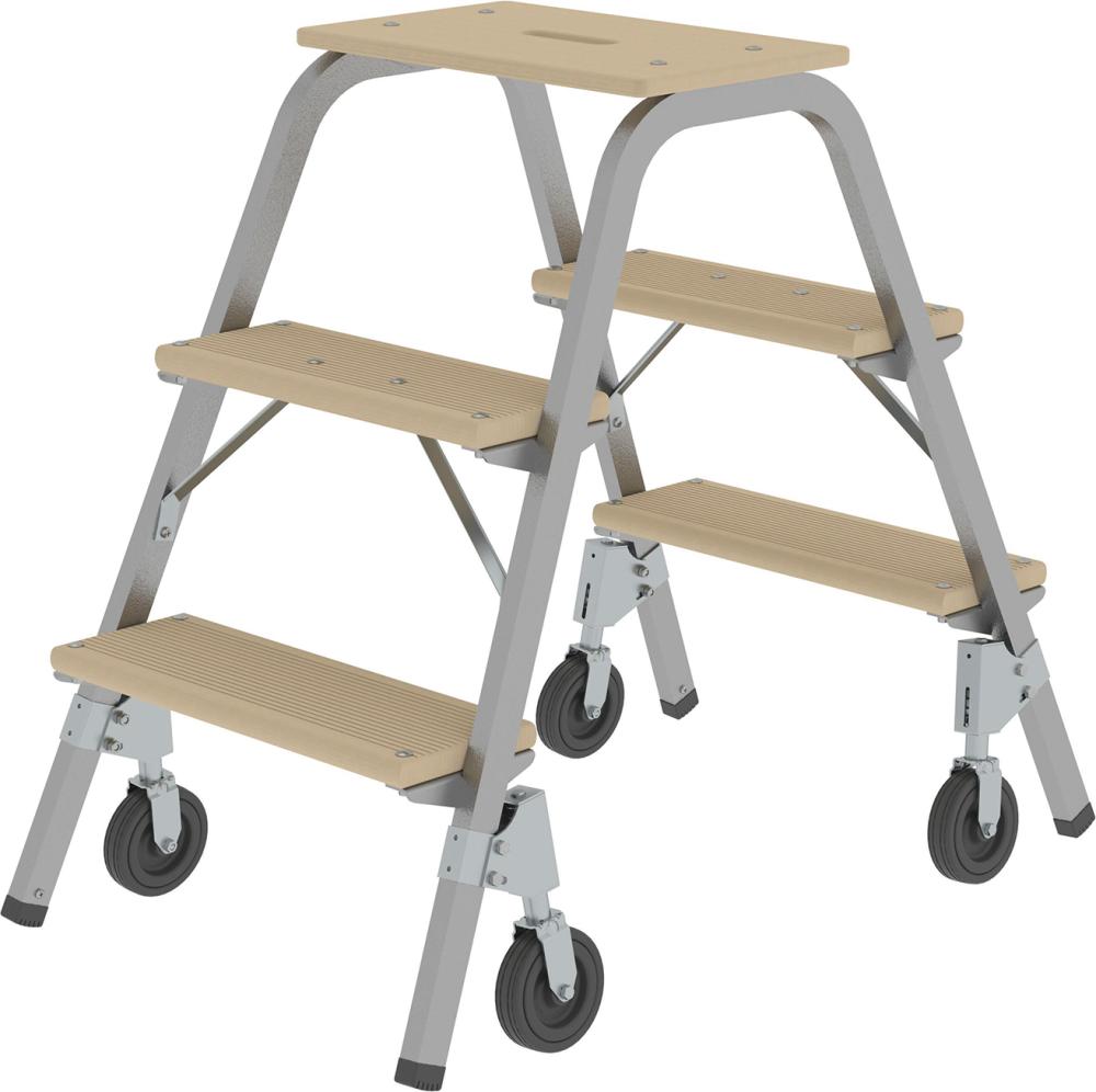 Stahl-Holz-Tritt MUNK, fahrbar 3 Holzstufen 4 BockrollenHöhe Deckbrett 0,73 m Arbeitshöhe bis 2,60 m