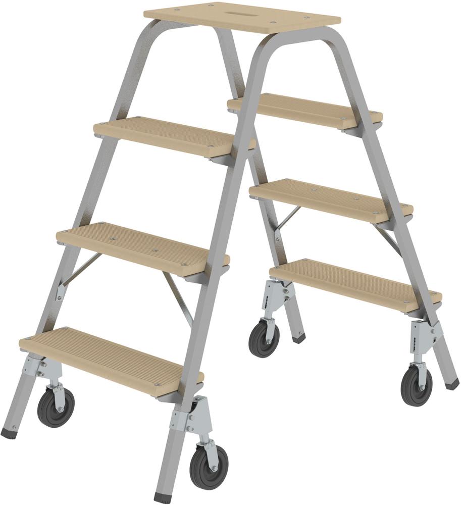 Stahl-Holz-Tritt MUNK, fahrbar 4 Holzstufen 4 BockrollenHöhe Deckbrett 0,97 m Arbeitshöhe bis 2,80 m