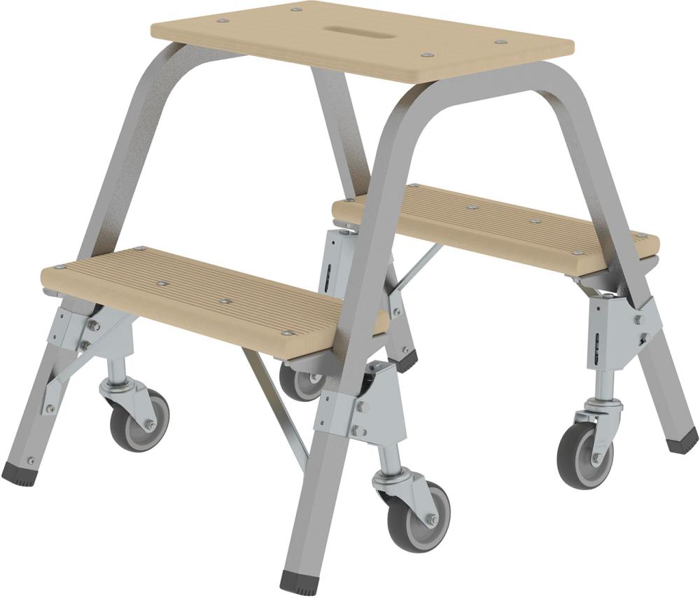 Stahl-Holz-Tritt MUNK, fahrbar 2 Holzstufen 4 LenkrollenHöhe Deckbrett 0,49 m Arbeitshöhe bis 2,40 m