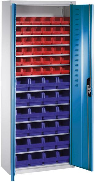 Lager-Regalschrank C+P, B700xT300xH1690 mm RAL 7035/5012 mit Türen 11 Fachböden, 60 Kästen