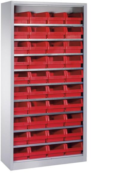 Lager-Regalschrank C+P, B1000xT300xH1980 mm RAL 7035 ohne Türen 9 Fachböden, 40 Kästen CP