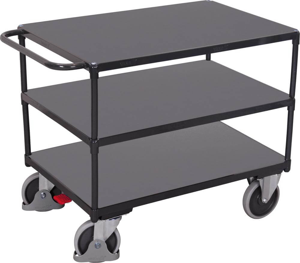 VARIOFIT, Schwerer Tischwagen mit 3 Ladeflächen RAL 7016 sw-600.512/AG