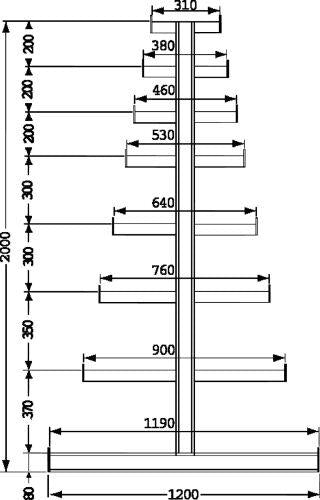 Langgutregal META REGALBAU, ATLAS ST B6750xT2x500xH2000 mm doppelseitig RAL 5010 2x6 Arme Traglast 150kg