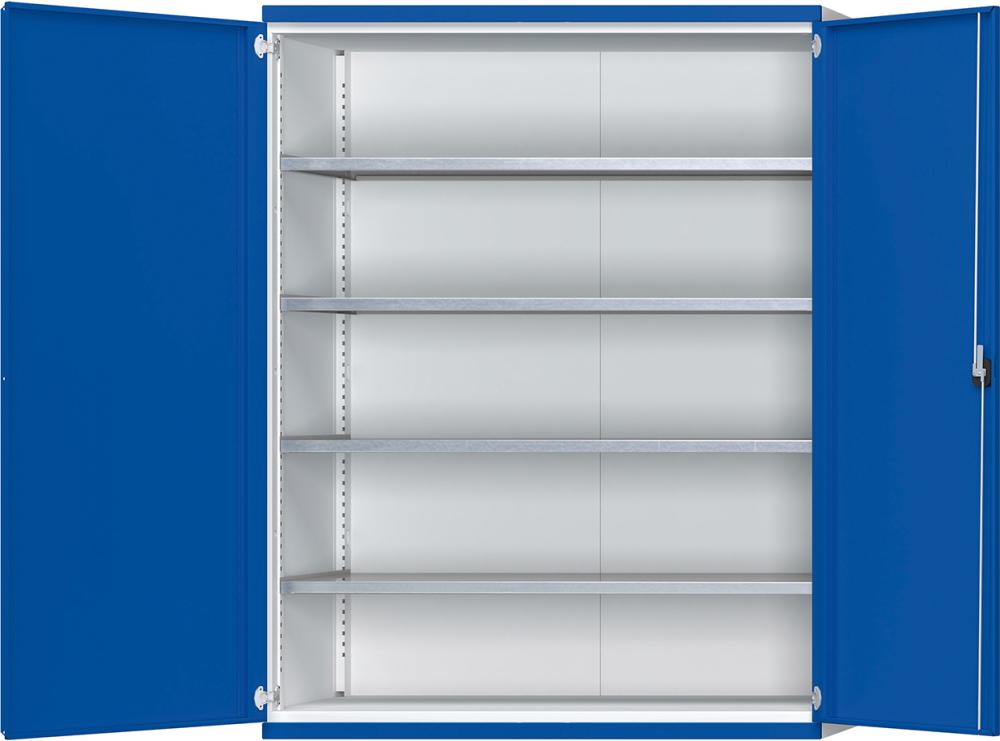 Schwerlastschrank ANKE, B1485xT630xH1950mm RAL7035/5010 o.Mittelwand4 Böden