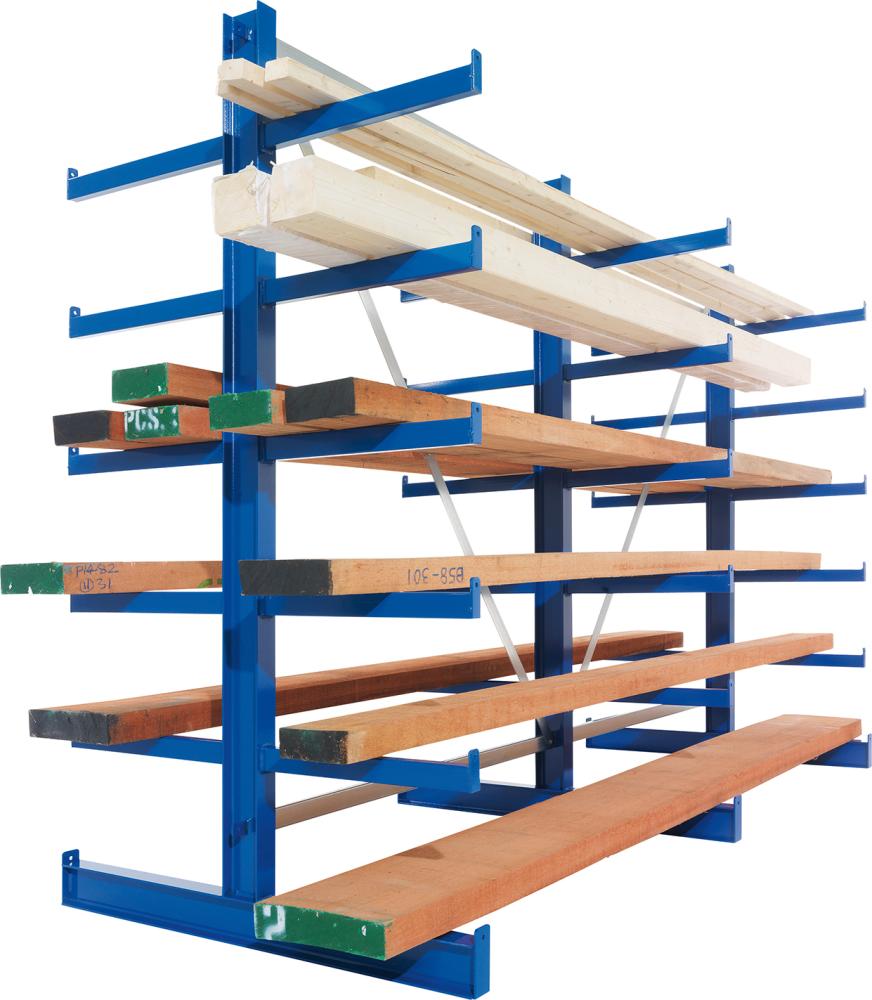 Kragarmregal META REGALBAU, L Grundfeld B1000xT2x600xH2500 mm doppelseitig RAL 5010 2x4 Arme Traglast 140kg
