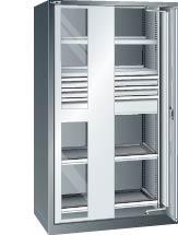 Einschwenktürenschrank LISTA, B1100xT641xH1950mm RAL 7035,Sichtfenstertür 4 Böden,3 Schubladen