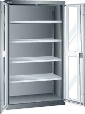 Flügeltürenschrank LISTA, B1100xT641xH1950mm RAL 5012,Sichtfenstertür 4 Böden