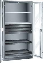 Flügeltürenschrank LISTA, B1000xT580xH1950mm RAL 7035,Sichtfenstertür 4 Böden,3Schubladen