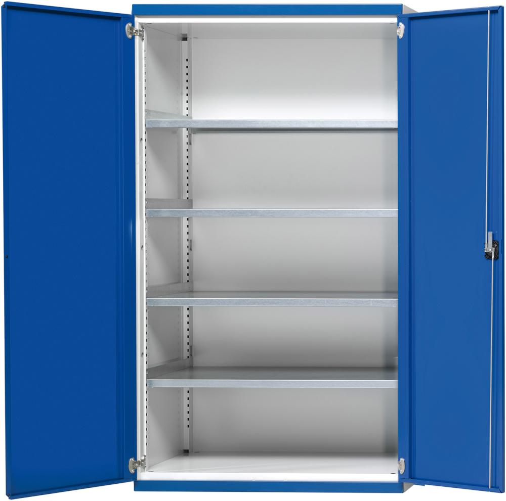 Schwerlastschrank ANKE, B1085xT630xH1950mm RAL7035/5010 o.Mittelwand4 Böden