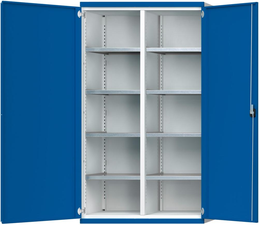 Schwerlastschrank ANKE, B1085xT630xH1950mm RAL7035/5010 m.Mittelwand8 Böden