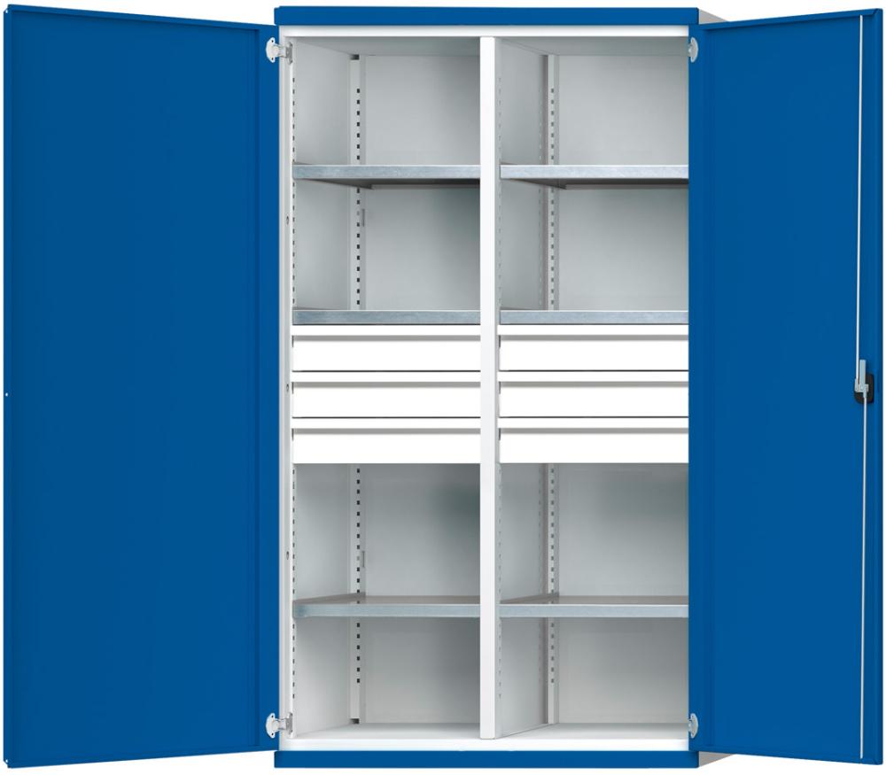 Schwerlastschrank ANKE, B1085xT690xH1950mm RAL7035/5010 m.Mittelwand6Böden,6Schubladen 200kg