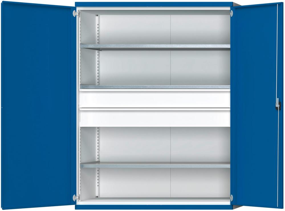 Schwerlastschrank ANKE, B1485xT690xH1950mm RAL7035/5010 o.Mittelwand3Böden,2Schubladen 200kg