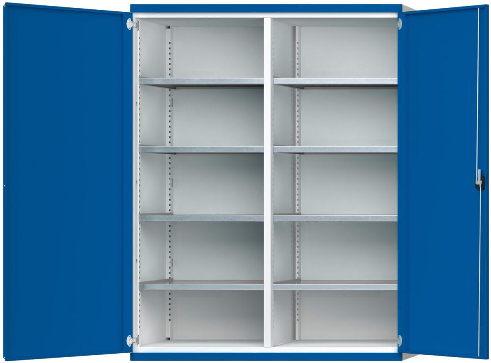 Schwerlastschrank ANKE, B1485xT630xH1950mm RAL7035/5010 m.Mittelwand8 Böden