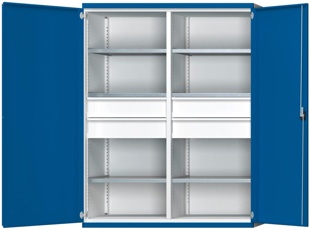 Schwerlastschrank ANKE, B1485xT690xH1950mm RAL7035/5010 m.Mittelwand6Böden,4Schubladen 200kg