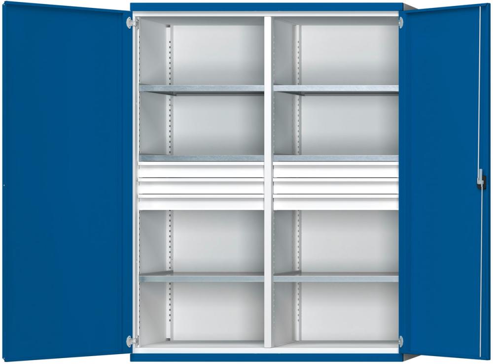 Schwerlastschrank ANKE, B1485xT630xH1950mm RAL7035/5010 m.Mittelwand6Böden,6Schubladen 100kg