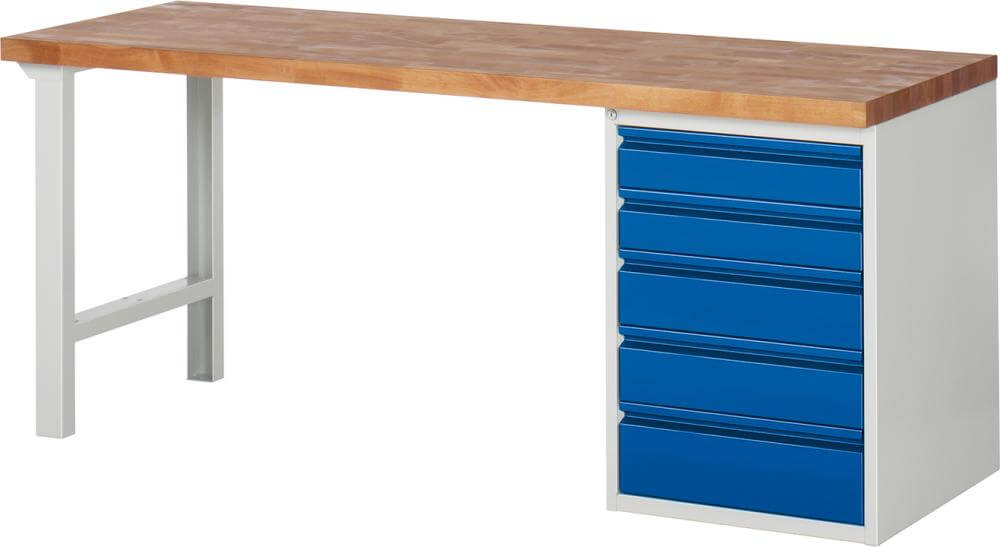 Werkbank RAU, Basic B2000xT700xH840mm RAL 7035/5010 BMP: 40mm 5 Schubladen
