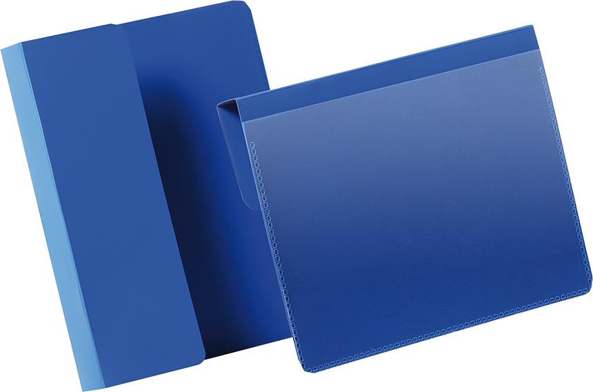 Kennzeichnungstasche DURABLE, B148xH105 mm A6 quer blau, mit Falz VE 50 Stück