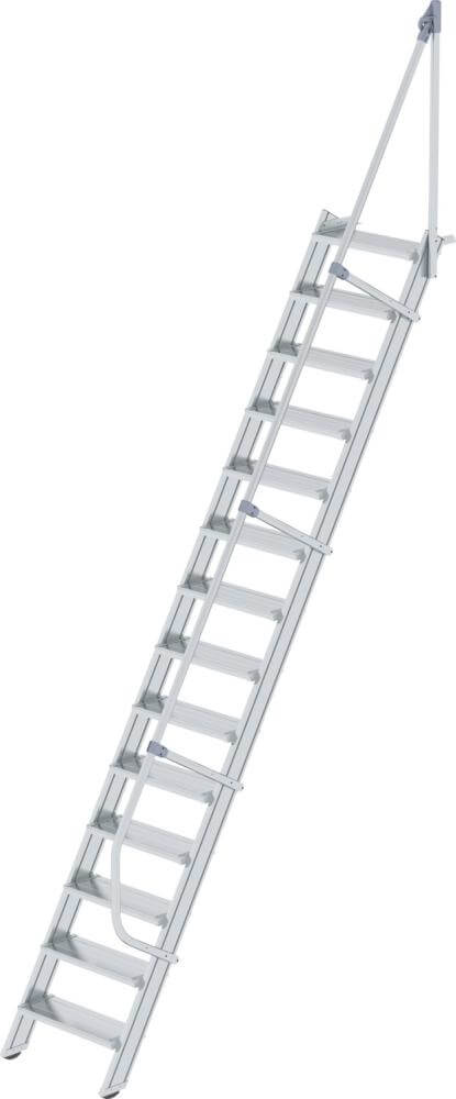 Alu-Treppe MUNK, 60 Grad 14 Stufen B 600 mm lichte Höhe 3400 mm Ausladung 2161 mm
