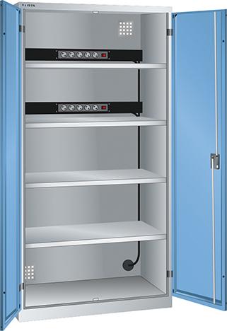 Ladeschrank LISTA, Flügeltüren Ral 7035/5012 BxTxH 1000x580x1950 2x5 fach Schuko