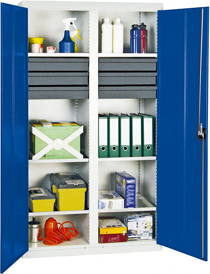 Werkzeugschrank STUMPF, B1000xT500xH1800 mm RAL 7035/5010 6 Schubladen, 6 Wannen