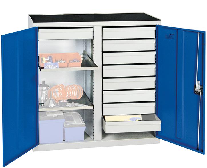 Werkzeugschrank STUMPF, S2000 RAL 7035/5010 Mitteltrennwand, 9 Schubl2 Wannenböden