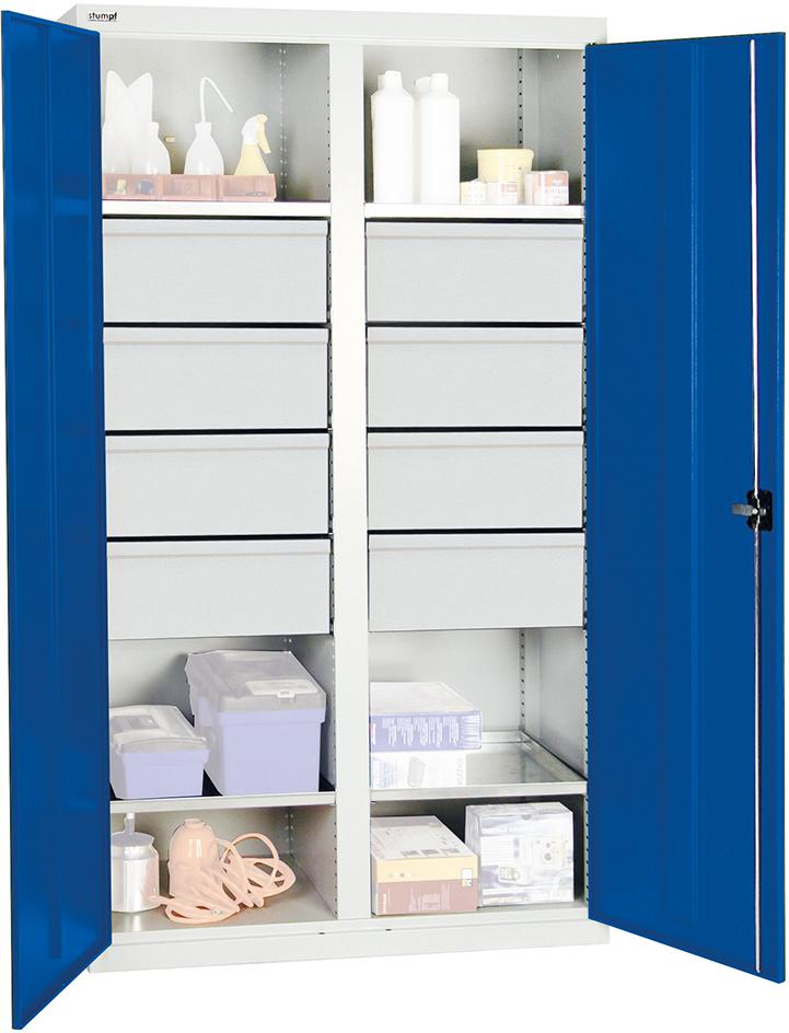 Werkzeugschrank STUMPF, S2000 RAL 7035/5010 4 Wannenböden 6 Schubladen 200 mm