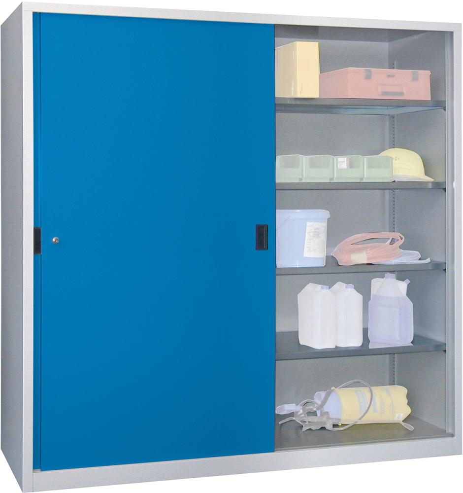 Schiebetürenschrank PAVOY, B2000xT400xH1950 mm 8 Böden verz. Mittelwand RAL 7035/5012