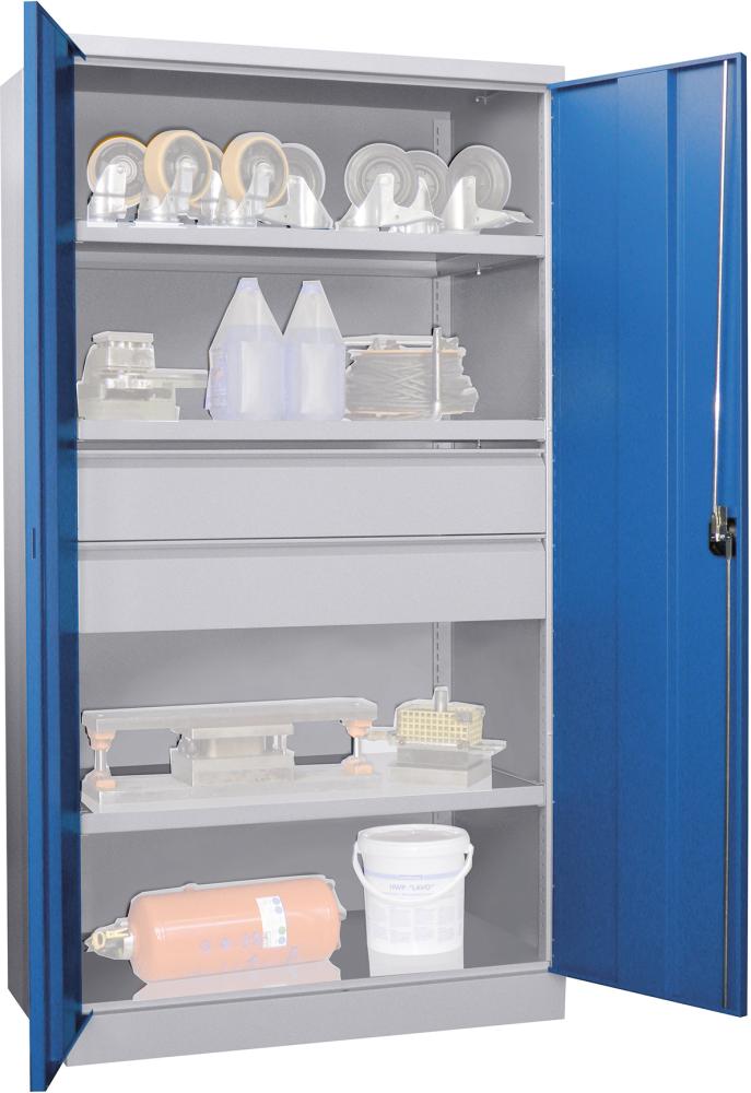 Schwerlastschrank PAVOY, 1950/630/1040 Drehg., ohne Trennwand 3 Böden, 2 Schubladen