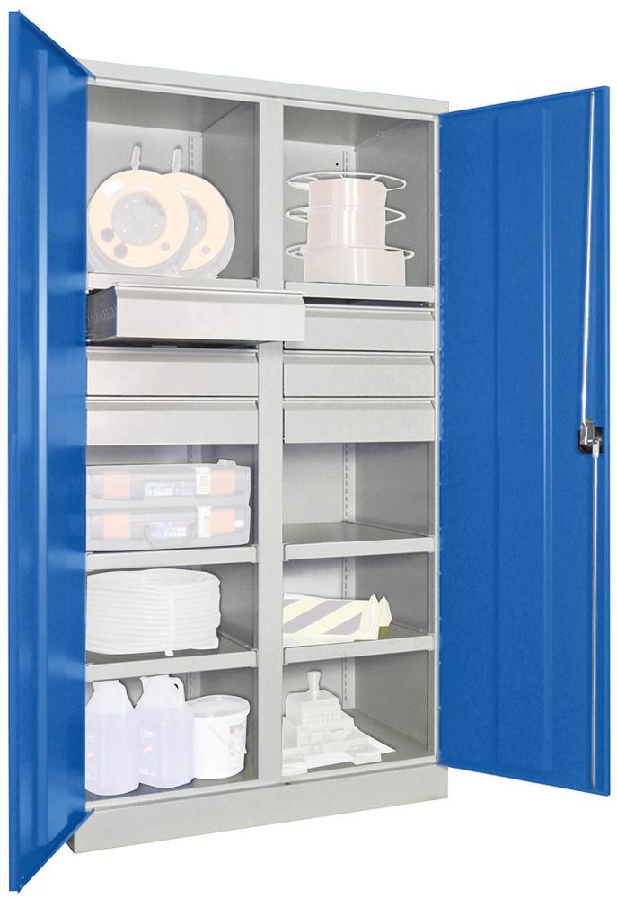 Schwerlastschrank PAVOY, 1950/630/1040 Drehg., mit Trennwand 6 Böden, 6 Schubladen