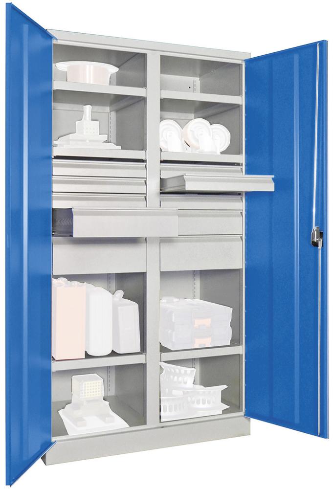 Schwerlastschrank PAVOY, 1950/630/1040 Drehg., mit Trennwand 6 Böden, 8 Schubladen