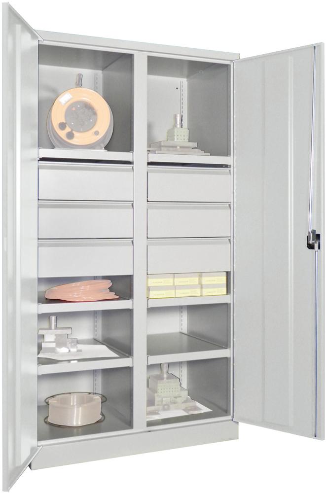 Schwerlastschrank PAVOY, m.TürenB1040xT630xH1950 mm 6 FB, SL 6 x FH 175 mm RAL 7035 Mittelwand