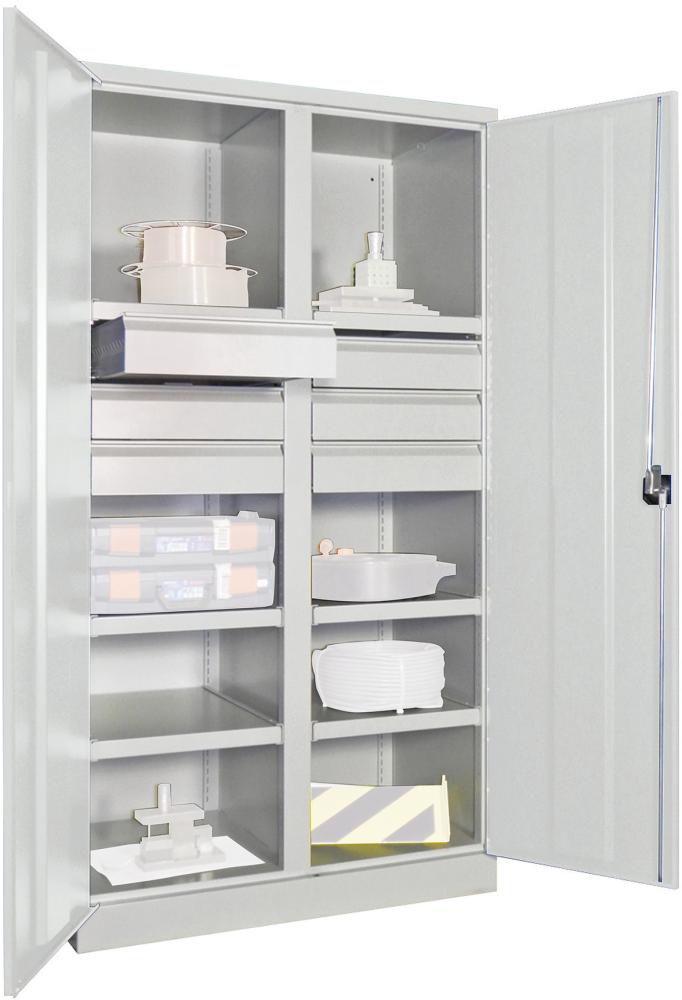 Schwerlastschrank PAVOY, m.TürenB1040xT630xH1950 mm 6 FB, SL 6 x FH 125 mm RAL 7035 Mittelwand
