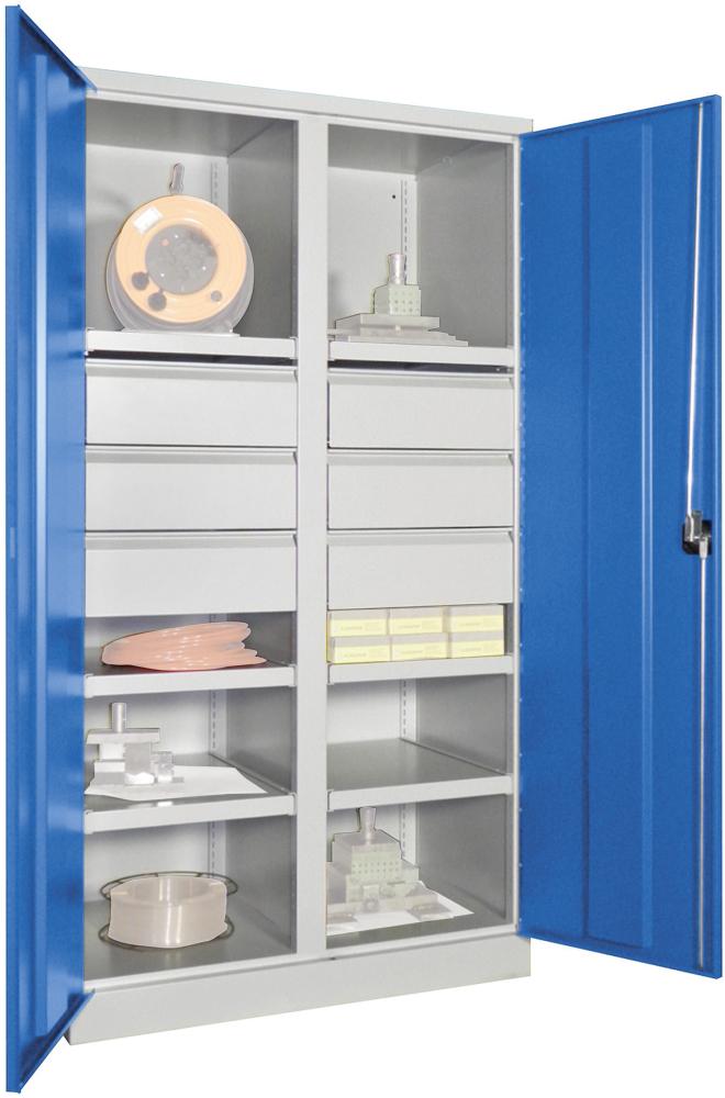 Schwerlastschrank PAVOY, m.TürenB1040xT630xH1950 mm 6 FB, SL 6 x FH 175 mm RAL 7035/5012 Mittelwand